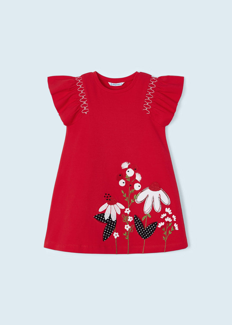 Vestido con apliques y motivo bordado de algodón para niña Art. 23-03948-042 Rojo