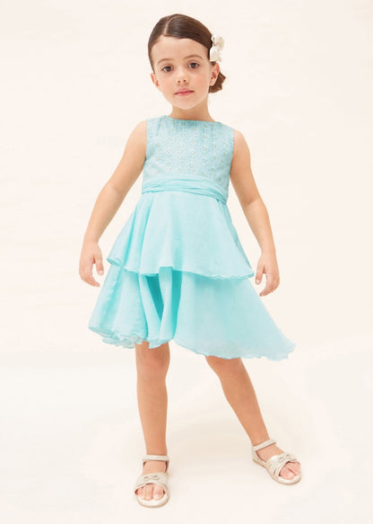 Vestido con falda de holanes y motivo bordado para niña MAYORAL Ref. 23/3912/74 Agua