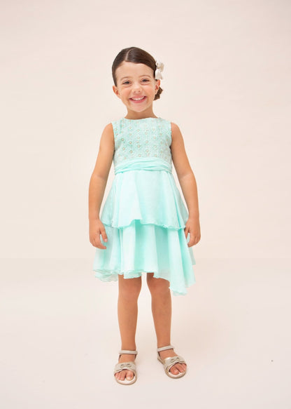 Vestido con falda de holanes y motivo bordado para niña MAYORAL Ref. 23/3912/74 Agua