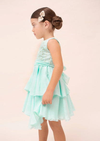 Vestido con falda de holanes y motivo bordado para niña MAYORAL Ref. 23/3912/74 Agua
