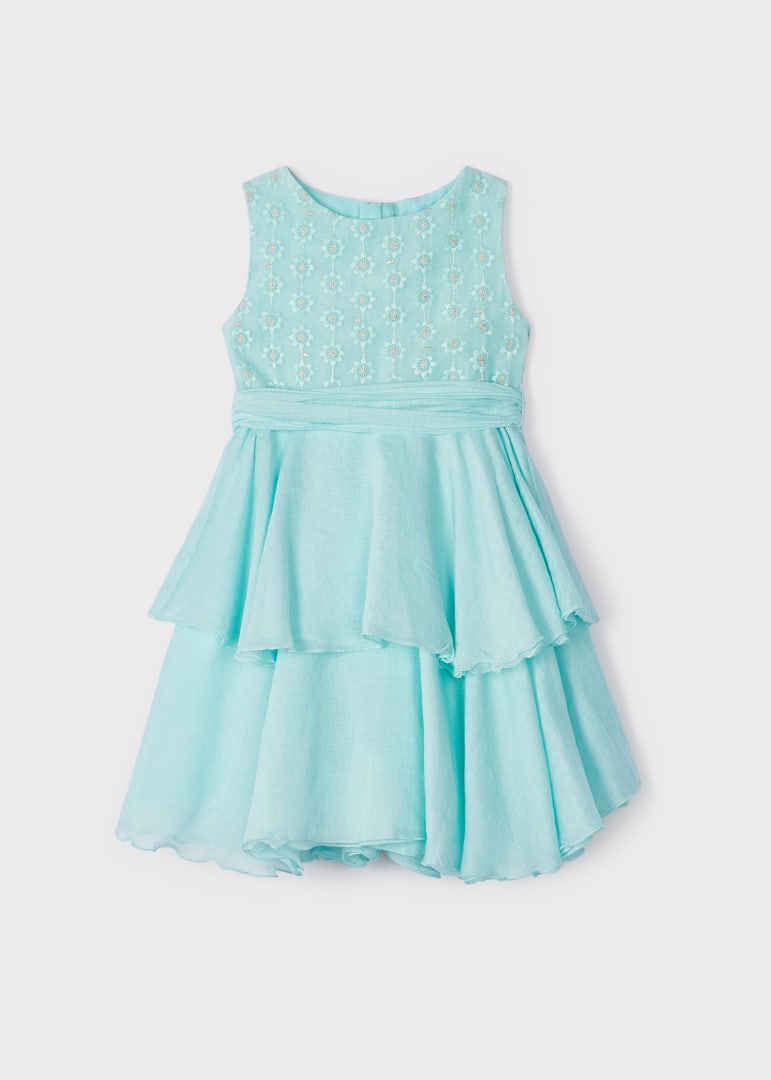 Vestido con falda de holanes y motivo bordado para niña MAYORAL Ref. 23/3912/74 Agua