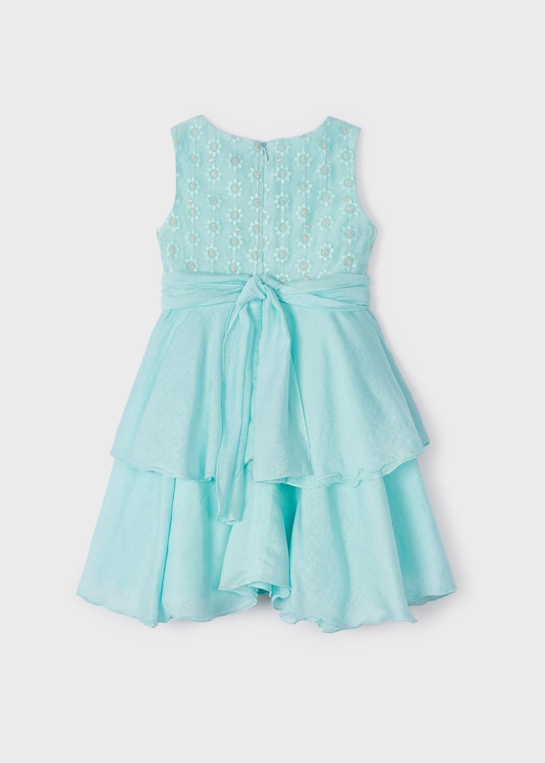 Vestido con falda de holanes y motivo bordado para niña MAYORAL Ref. 23/3912/74 Agua