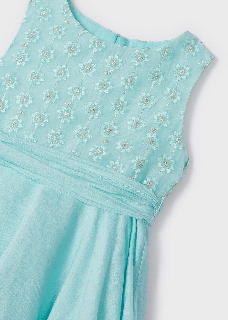 Vestido con falda de holanes y motivo bordado para niña MAYORAL Ref. 23/3912/74 Agua