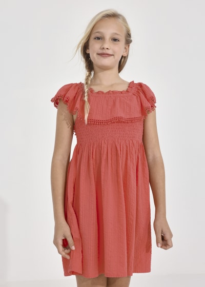 Vestido con holán y punto smock de algodón para chica Sku 6924 Color 83 Carmi