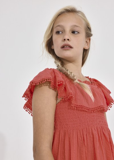 Vestido con holán y punto smock de algodón para chica Sku 6924 Color 83 Carmi