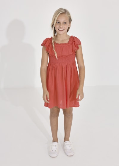 Vestido con holán y punto smock de algodón para chica Sku 6924 Color 83 Carmi