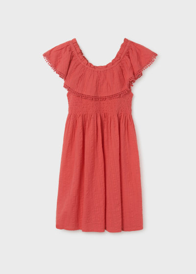 Vestido con holán y punto smock de algodón para chica Sku 6924 Color 83 Carmi