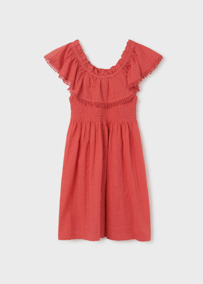 Vestido con holán y punto smock de algodón para chica Sku 6924 Color 83 Carmi
