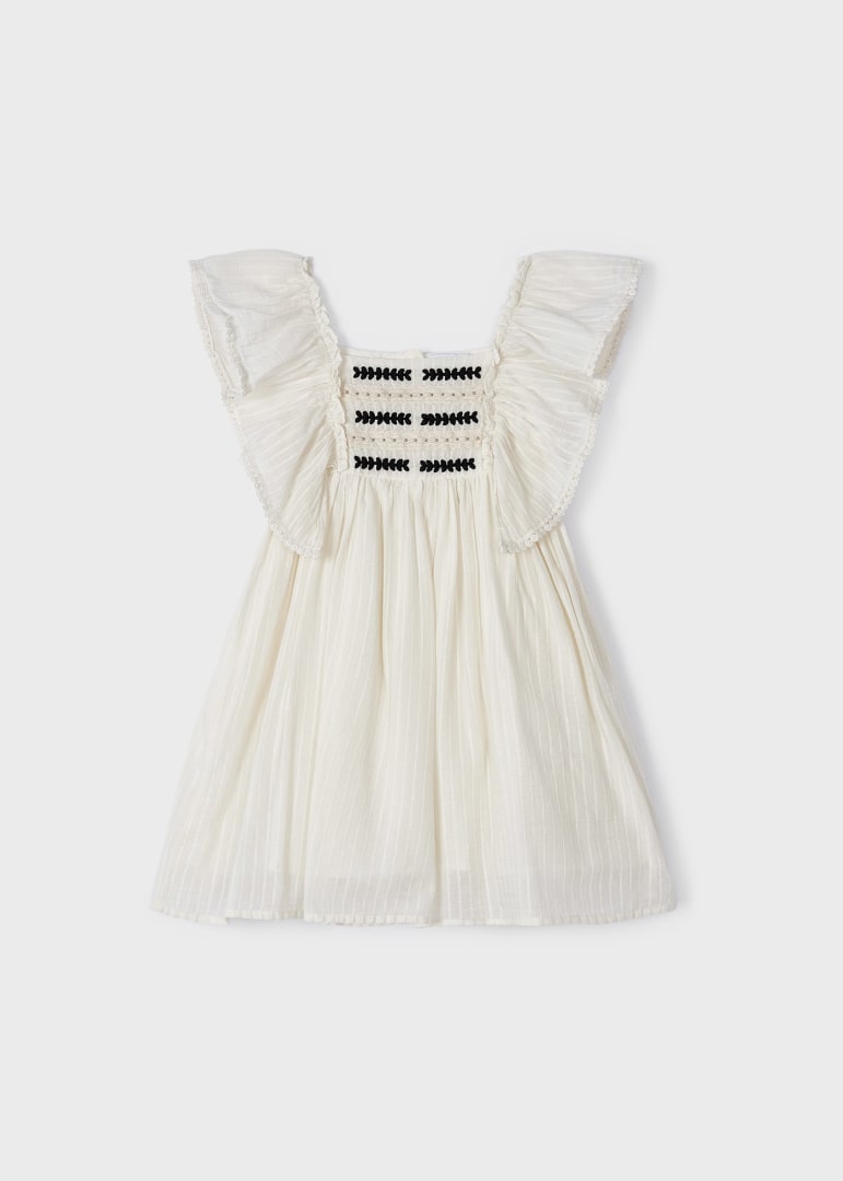 Vestido con holanes y motivos bordados para niña Art. 23-03926-094 Crema