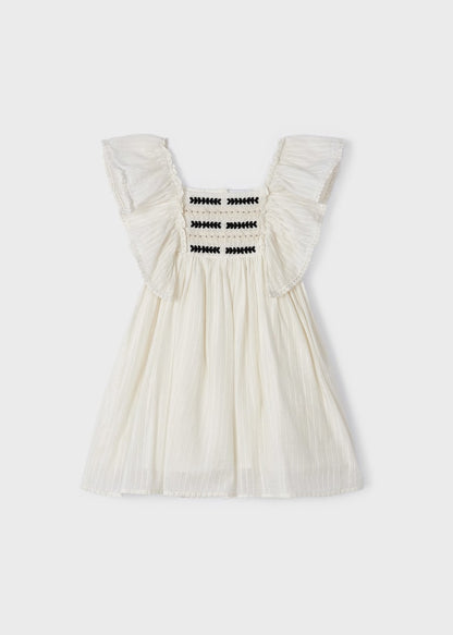 Vestido con holanes y motivos bordados para niña Art. 23-03926-094 Crema