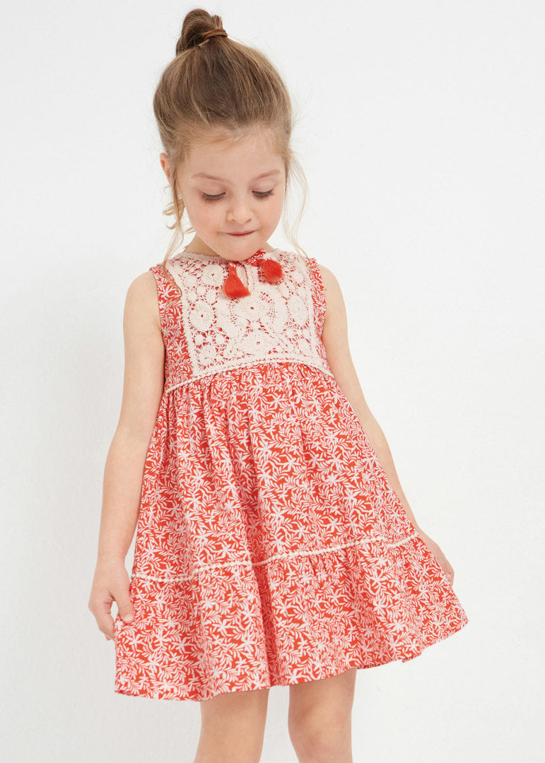 Vestido con motivo de crochet de algodón para niña Art. 23-03930-093 Naranja