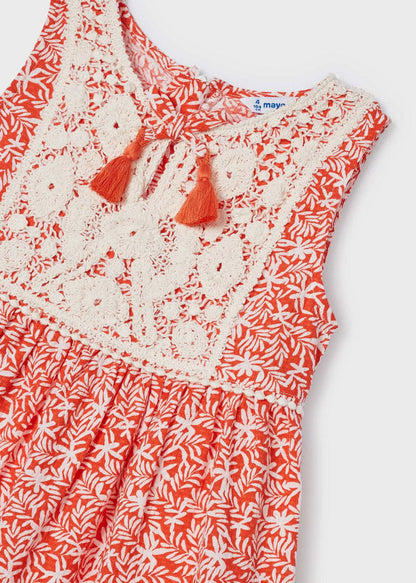 Vestido con motivo de crochet de algodón para niña Art. 23-03930-093 Naranja