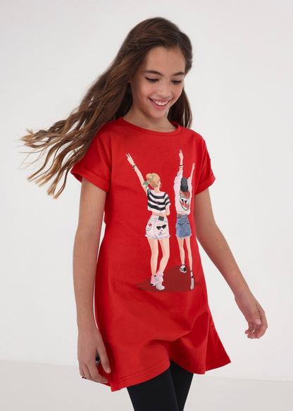 Vestido con motivo estampado y abertura trasera para chica Ref. 23/6931/19 Rojo