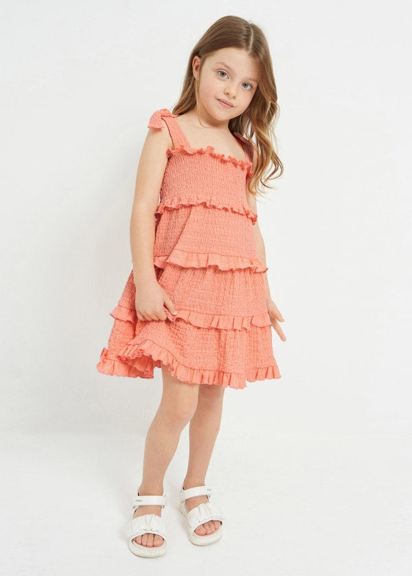 Vestido de tirantes con punto smock para niña Sku 3934 Color Melocoton