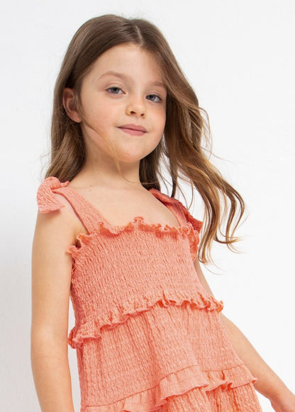 Vestido de tirantes con punto smock para niña Sku 3934 Color Melocoton
