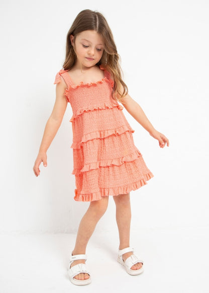 Vestido de tirantes con punto smock para niña Sku 3934 Color Melocoton