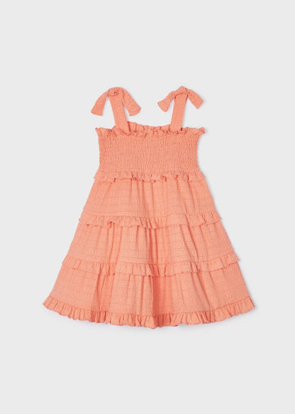 Vestido de tirantes con punto smock para niña Sku 3934 Color Melocoton