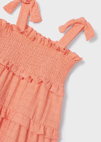 Vestido de tirantes con punto smock para niña Sku 3934 Color Melocoton