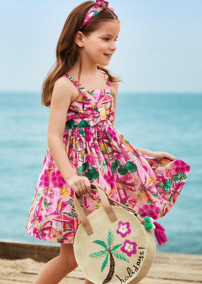 Vestido estampado con diadema elástica de algodón para niña Art. 23-03941-022 Peonia