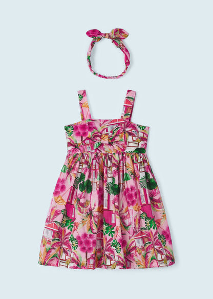 Vestido estampado con diadema elástica de algodón para niña Art. 23-03941-022 Peonia