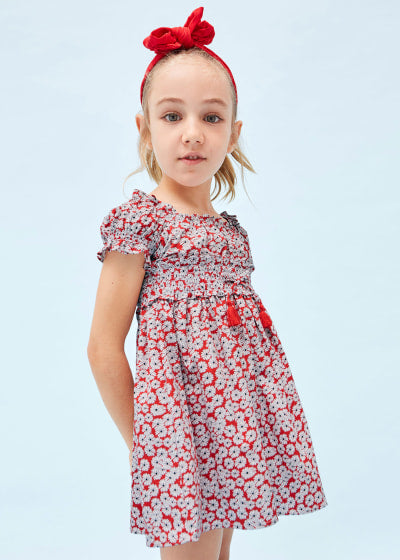 Vestido estampado de algodón sostenible para niña Sku 3924 Color Rojo