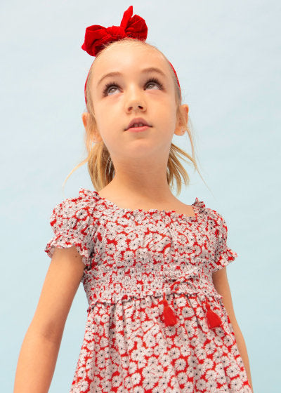 Vestido estampado de algodón sostenible para niña Sku 3924 Color Rojo
