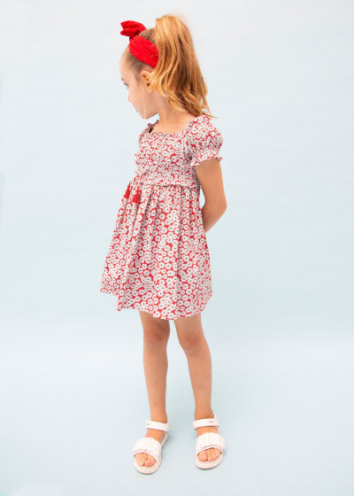 Vestido estampado de algodón sostenible para niña Sku 3924 Color Rojo