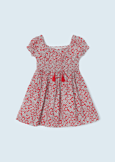 Vestido estampado de algodón sostenible para niña Sku 3924 Color Rojo