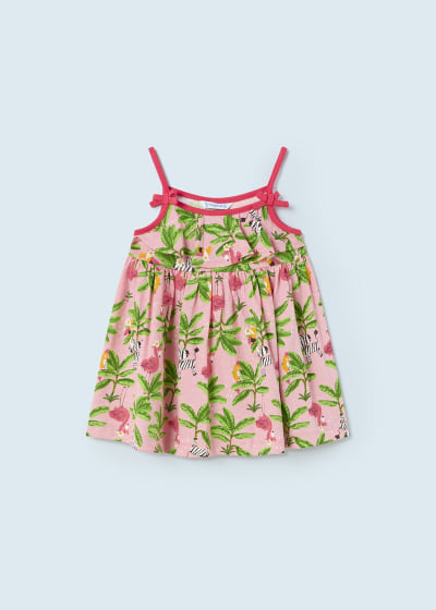 Vestido estampado tropical de algodón sostenible para bebé SKU 1976 Color 24 Flamingo
