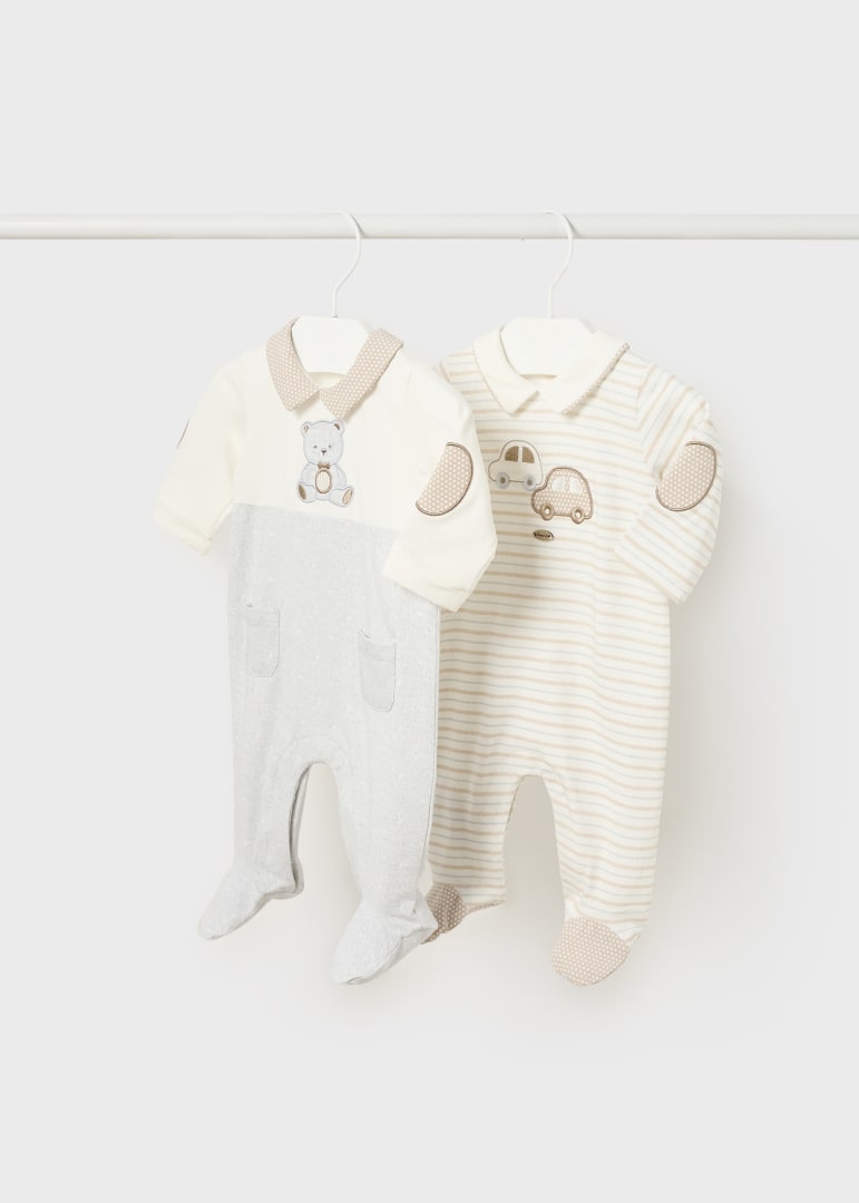 Set 2 pijamas con cuello de algodón sostenible para recién nacido Art. 23-01753-069 Beige